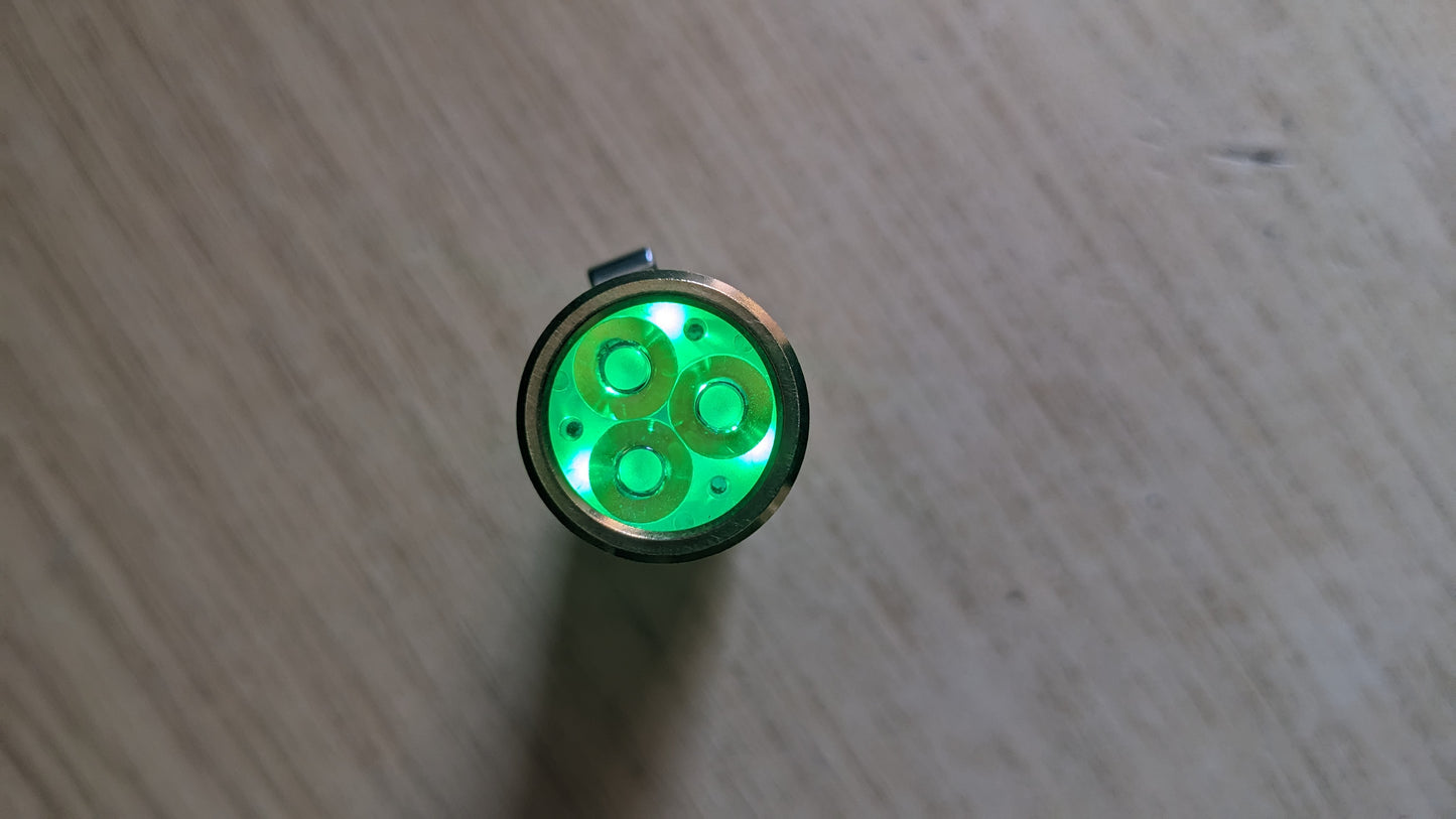 Custom hammered /aged Wurkkos TS10 brass 4000k green aux battery, clip and glow in the dark diffuser included