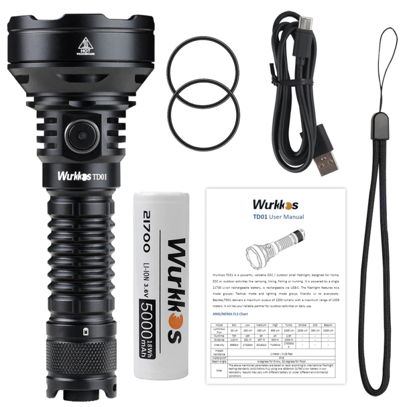 Our most powerful thrower - Wurkkos TD01C 21700  SFT40 6500k  USB-C 1600Lm Torch PMMA Lens Throw 1039M IPX8 Waterproof Tail Switch - battery included