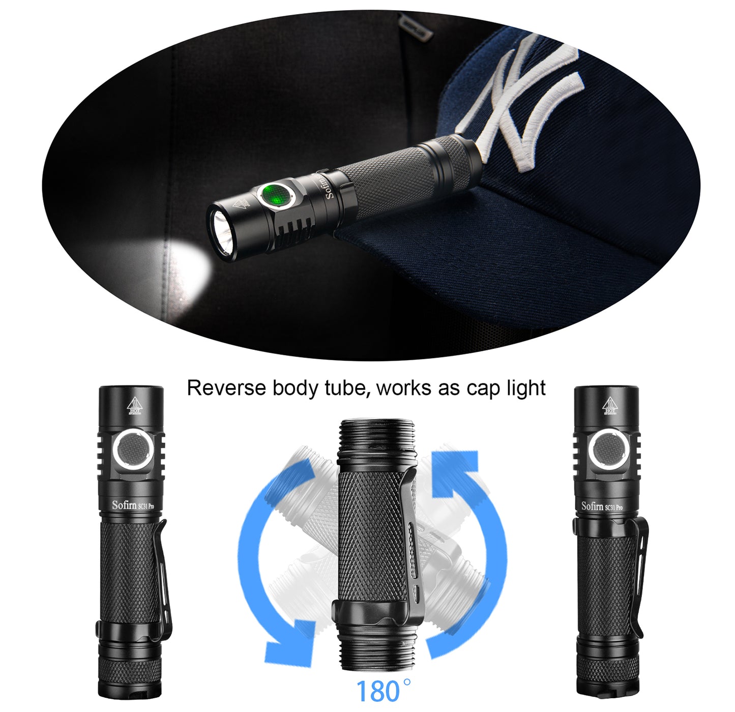 Sofirn SC31 Pro EDC Flashlight with Anduril 2.0 UI battery included with free GITD diffuser- Black