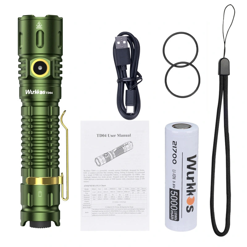 Green and Gold / Black Wurkkos TD04 XHP50D HI Rechargeable Flashlight USB-C 3000 lumens Torch IP68 Waterproof EDC Tail Switch,21700 Battery Two Groups Tactical - Battery Included